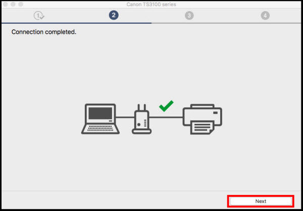 Connection completed screen with Next button selected.